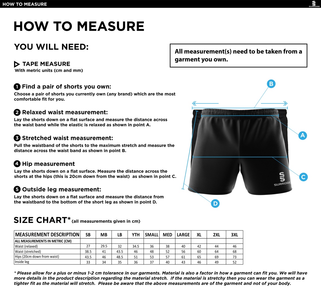 Bentley CC - Performance Gym Short - Size Guide