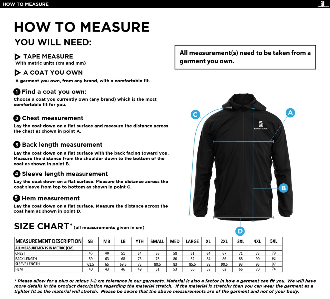 Bentley CC - Dual Full Zip Training Jacket - Size Guide