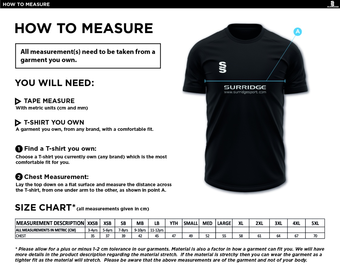 Bentley CC - Dual Gym T-shirt - Size Guide