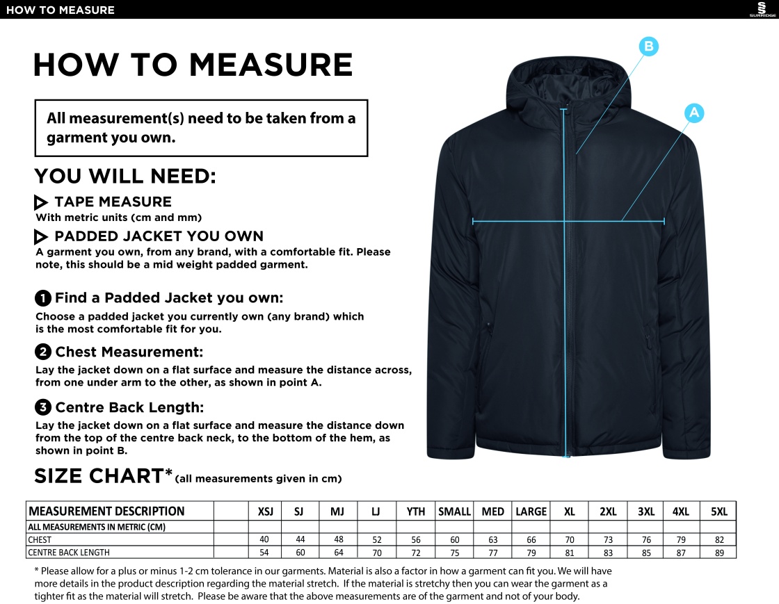 Bentley CC Active Padded Jacket - Navy - Size Guide