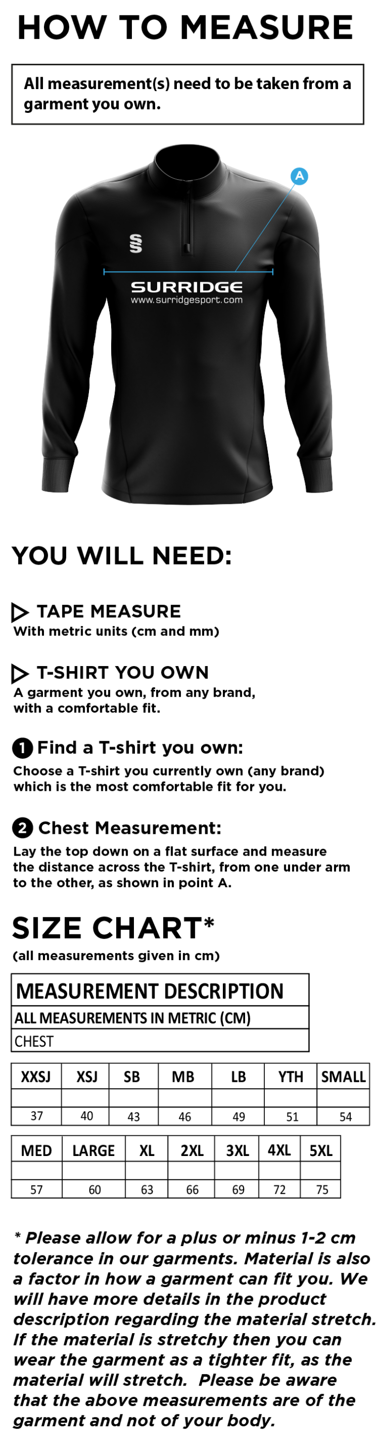 Bentley CC - 1/4 Zip Dual Performance Top - Size Guide