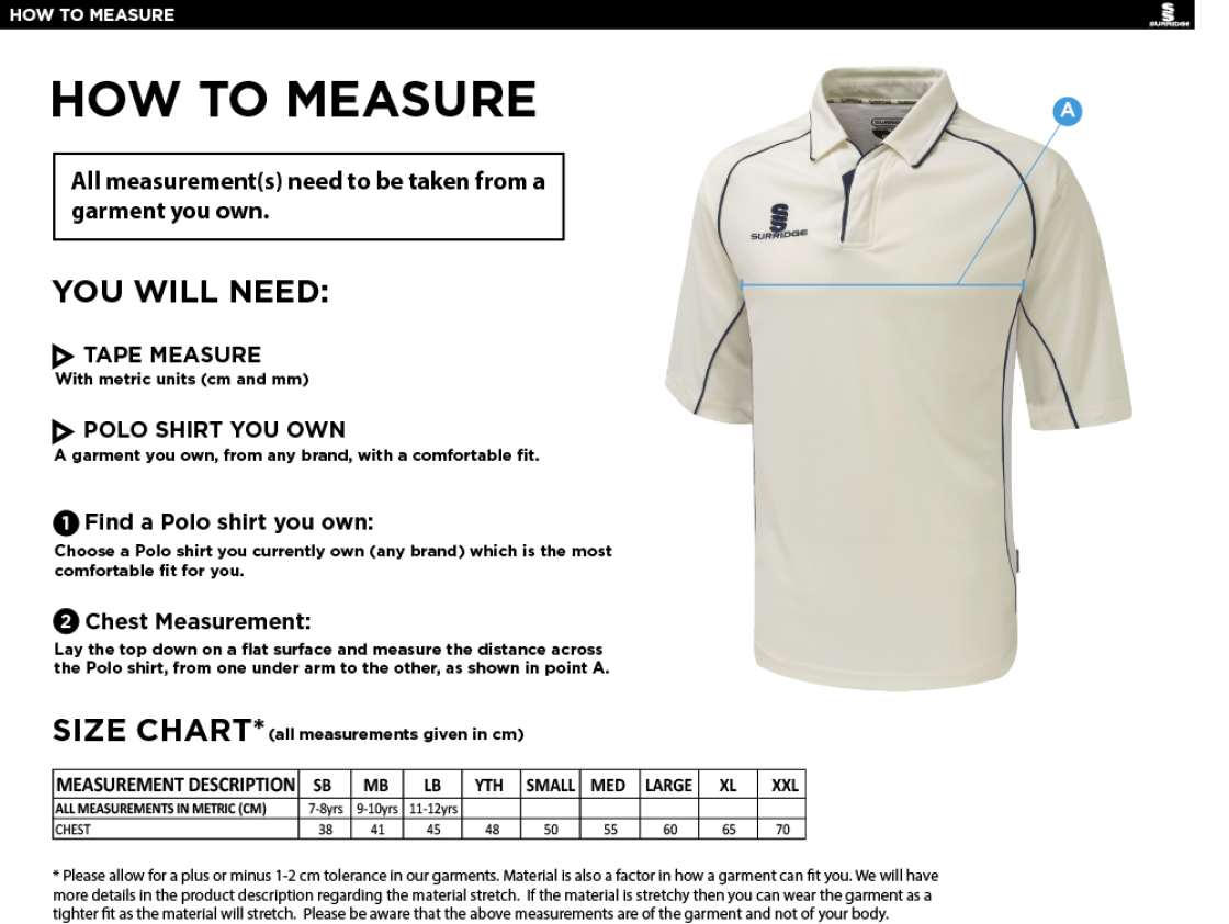 Bentley CC - Dual Premier Short Sleeve Shirt - Size Guide