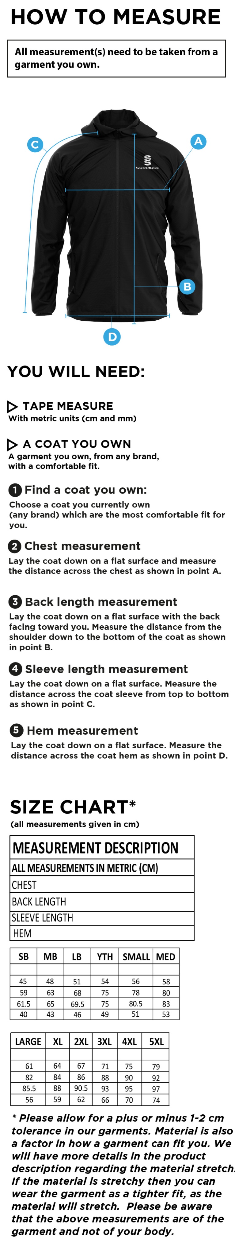 Bentley CC - Dual Full Zip Training Jacket - Size Guide