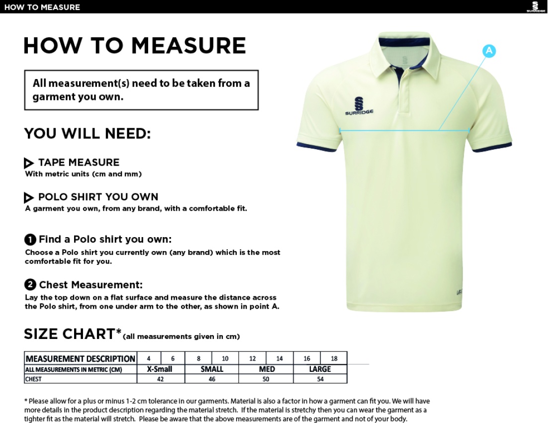 Bentley CC - Dual Cricket Shirt Short Sleeve Womens - Size Guide