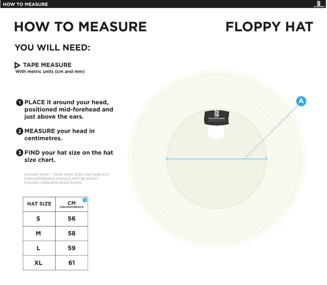 Bentley CC - Floppy Sun Hat - Size Guide