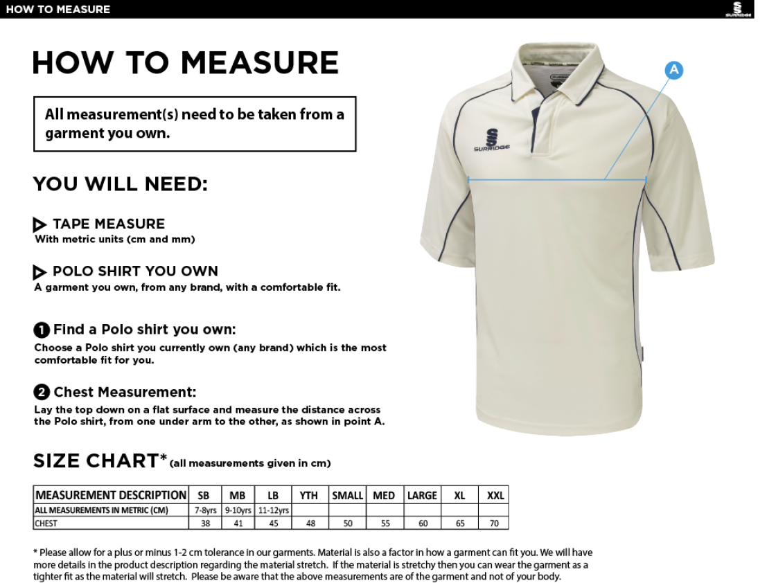 Bentley CC - Dual Premier Short Sleeve Shirt - Size Guide
