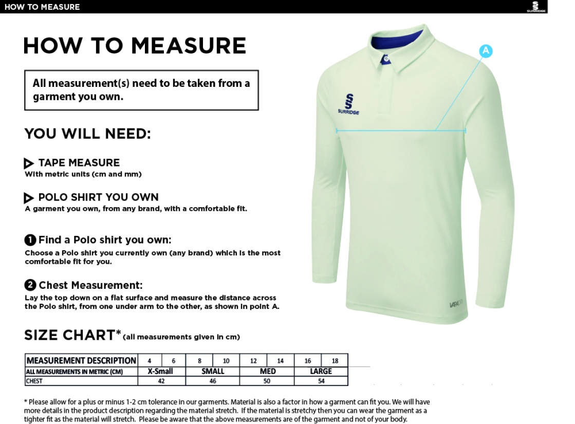 Bentley CC - DUAL LONG SLEEVE CRICKET SHIRT (WOMENS)-Ivory - Size Guide