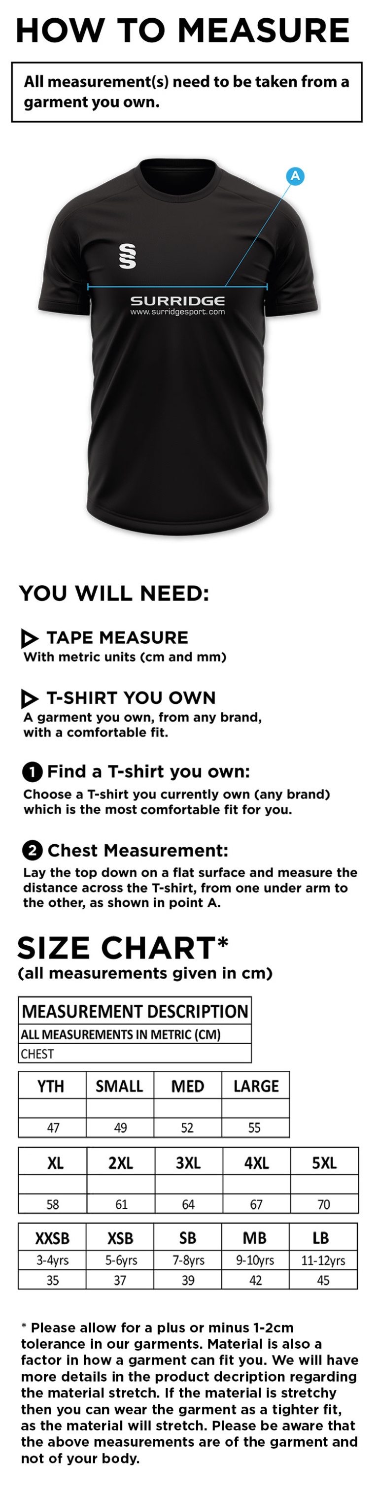 Bentley CC - Dual Gym T-shirt - Size Guide