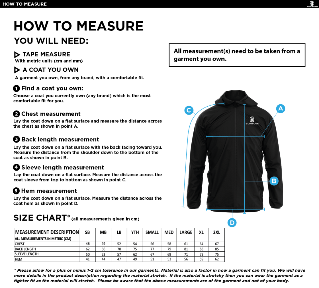 Bentley CC - Dual Full Zip Training Jacket - Size Guide