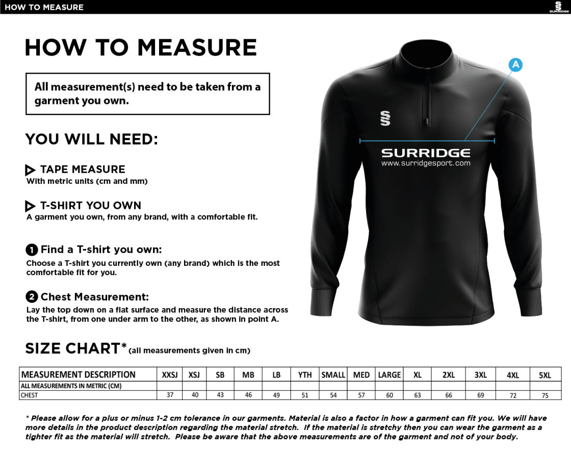 Bentley CC - 1/4 Zip Dual Performance Top - Size Guide