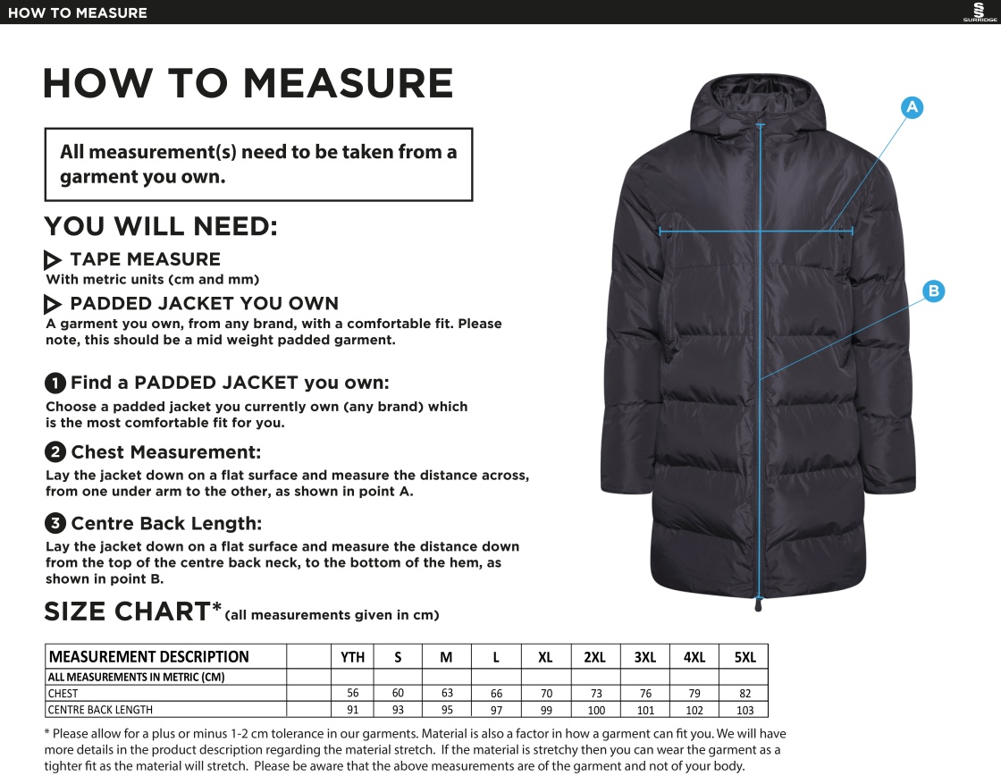 Bentley CC ACTIVE LONG PADDED JACKETS - Size Guide