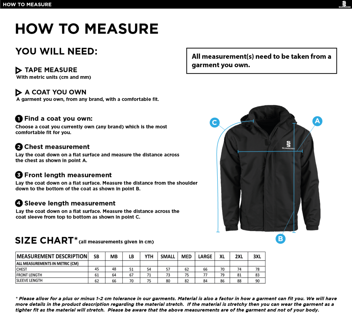 Bentley CC - Dual Fleece Lined Jacket - Size Guide