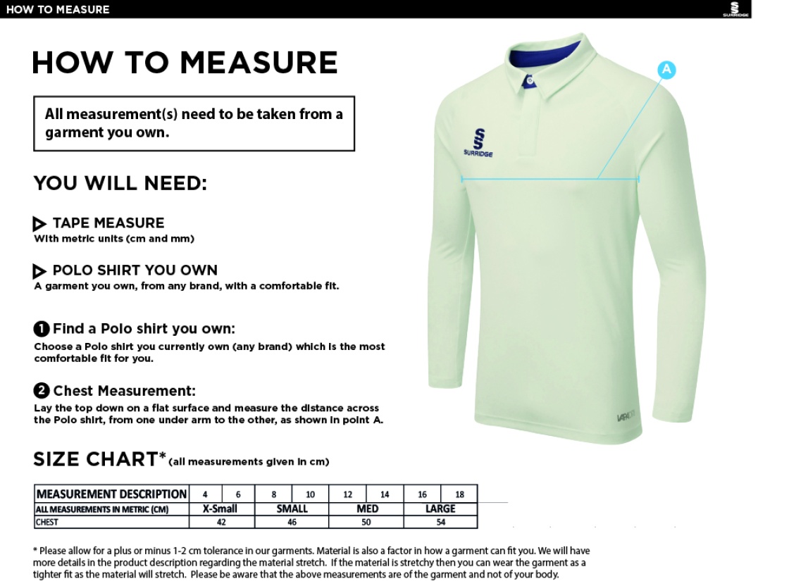 Bentley CC - DUAL LONG SLEEVE CRICKET SHIRT (WOMENS)-Ivory - Size Guide