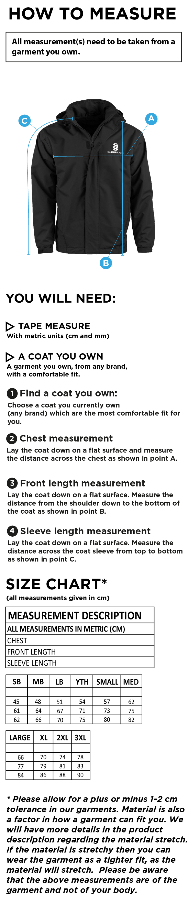 Bentley CC - Dual Fleece Lined Jacket - Size Guide